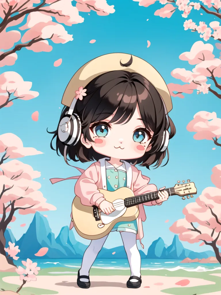 The image shows an anime-style chibi girl with brown hair and blue eyes. She is wearing a pink beret with a flower on it, a pink jacket, a blue dress, and headphones. She is playing a guitar and there are cherry blossoms falling around her. There is a mountain range in the distance and the sky is blue with white clouds.