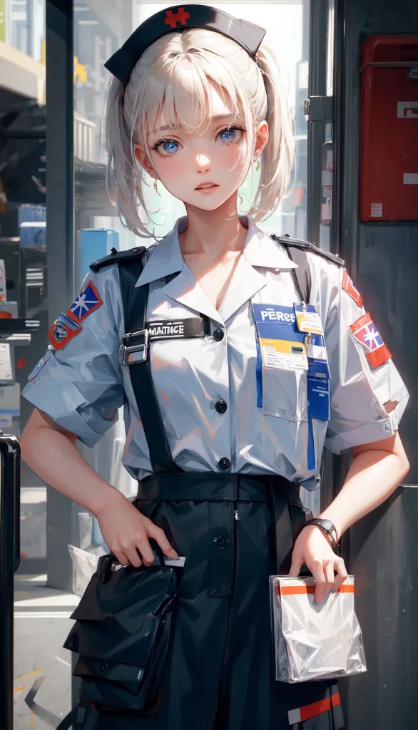 The image depicts a young woman, with short white hair tied in twintails, blue eyes, and a gentle expression on her face. She is wearing a white shirt with a dark blue collar, black suspenders, and a black skirt. On her shirt, there are a number of pins and badges, as well as a name tag that says \