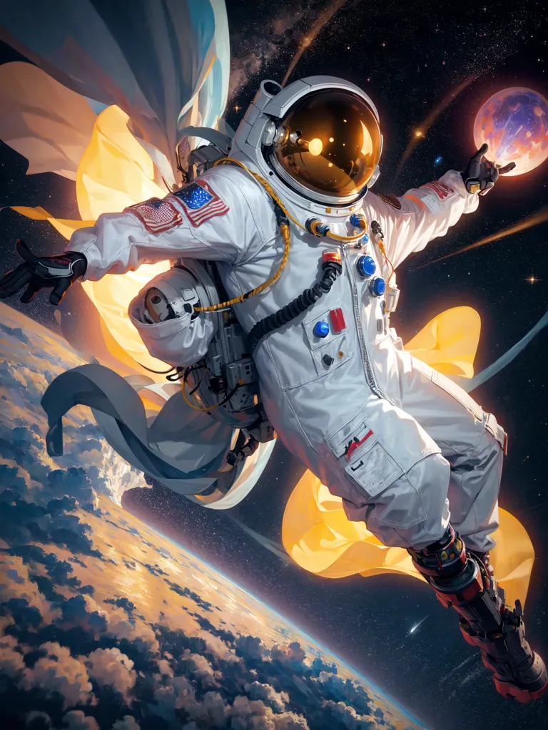 This is an image of an astronaut in a spacesuit with a yellow and white cape floating in space. The astronaut is wearing a white spacesuit with a gold helmet and has their arms outstretched. There is a planet with a red atmosphere in the background on the left, and a blue planet with white clouds on the right. There are also stars and a comet in the background.