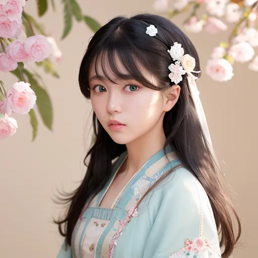 The picture shows a young woman with long black hair and bangs. She is wearing a light blue kimono with pink and white flowers. There are pink cherry blossoms in her hair and around her. The background is a light pink. The overall effect is one of beauty and serenity.