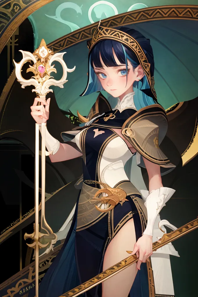 The image is of a young woman with blue hair and blue eyes. She is wearing a black and white dress with gold trim. She is also wearing a gold necklace and a gold bracelet. She is holding a staff in her right hand and a sword in her left hand. She is standing in front of a green background with a gold frame around her.