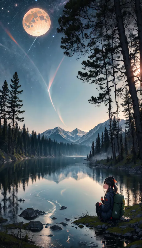 The image shows a person sitting on the shore of a lake, looking out at the mountains in the distance. The sky is dark, and there are stars and a moon in the sky. The person is wearing a backpack and a warm hat. The lake is calm and still, and the trees are reflected in the water. The mountains are covered in snow. The image is peaceful and serene.