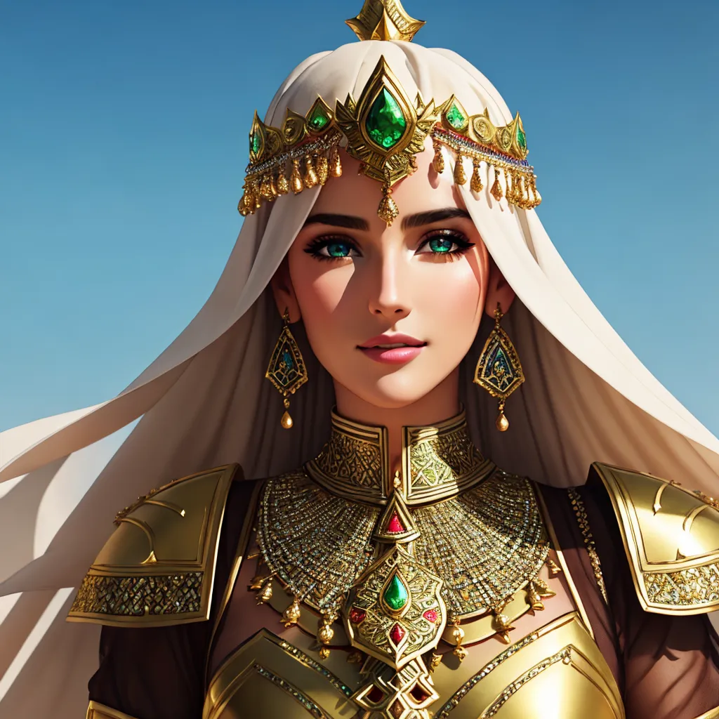 This image shows a beautiful young woman with long white hair and green eyes. She is wearing a golden crown and a golden necklace with emeralds and rubies, and a golden breastplate. She is also wearing a white veil that is blowing in the wind. The background is a clear blue sky.