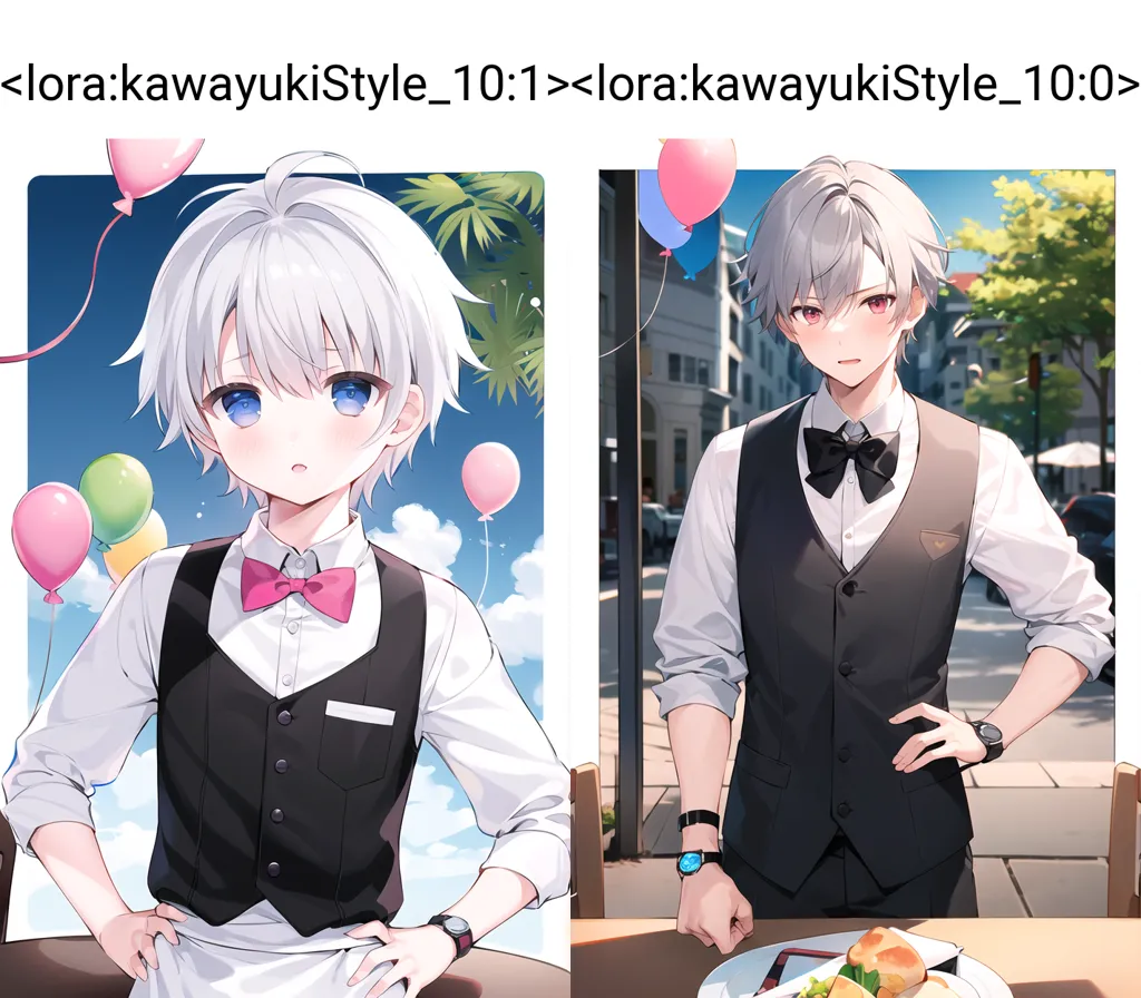 The image shows a comparison between two different art styles. The left side is in the kawaiistyle, which is characterized by its cute and chibi-like appearance. The right side is in a more realistic style, with more detailed shading and anatomy. Both images depict the same character, a young man with white hair and blue eyes wearing a vest and bow tie.