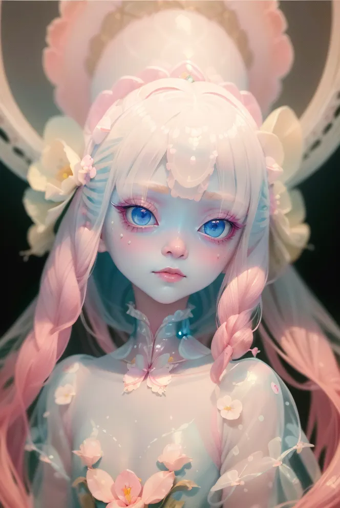 La imagen es una pintura de una niña joven con el cabello largo y blanco y ojos azules. Lleva un vestido blanco con flores rosas. El fondo es un cielo nocturno azul oscuro con una luna creciente. La niña está sentada en una luna creciente. Mira al espectador con una expresión triste en su rostro.