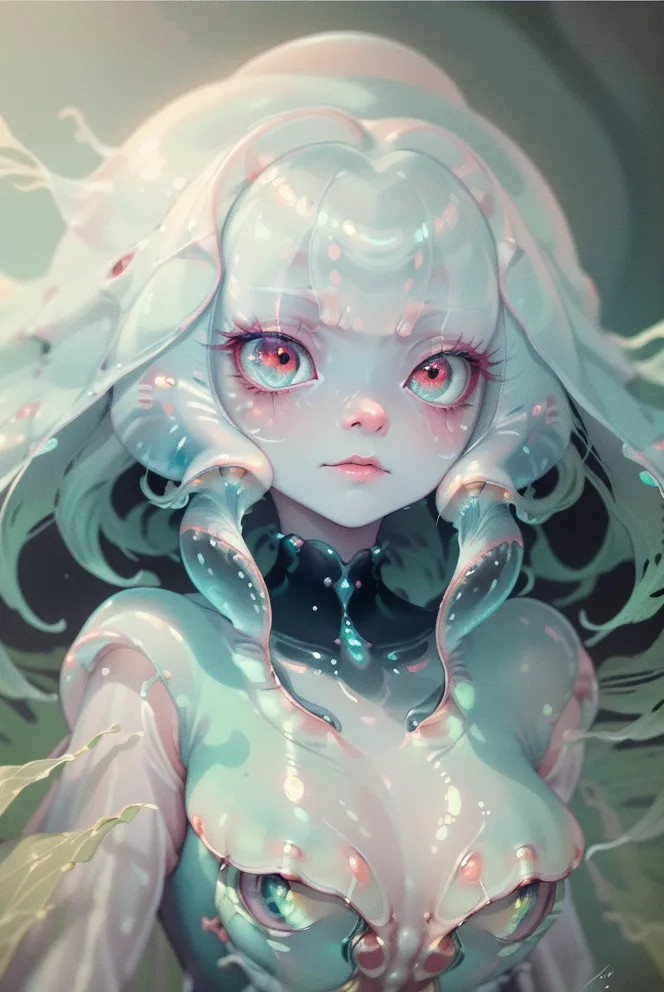 The image is a digital painting of a jellyfish girl. She has pale skin and pink eyes, and her hair is a light blue color. She is wearing a white dress with a blue sash, and her arms are covered in tentacles. She is standing in front of a blue background, and there are green plants floating around her. The painting is done in a realistic style, and the artist has used a lot of detail to create a sense of realism.