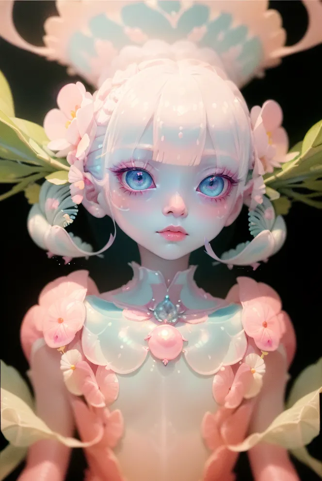 The image shows a computer-generated portrait of a girl with pale skin, blue eyes, and white hair. She is wearing a pink and blue outfit decorated with flowers. The girl's head is tilted slightly to the right, and she is looking at the viewer with a gentle expression. The background is dark with a spotlight focused on the girl.