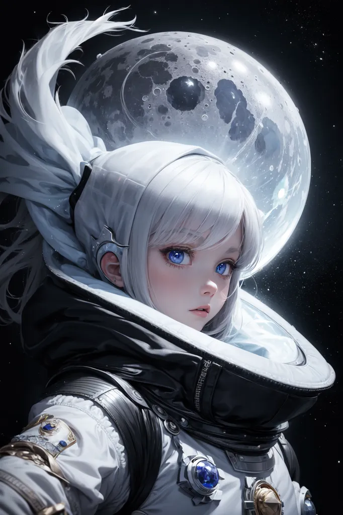 L'image montre une jeune fille dans une combinaison spatiale blanche et bleu clair avec un casque à bulle transparent. Elle a de longs cheveux blancs attachés en queue de cheval. La combinaison spatiale a un motif qui n'est pas facilement discernable. Il y a une grande lune derrière sa tête qui est principalement blanche avec quelques cratères visibles. Il y a des étoiles en arrière-plan qui sont d'une couleur bleu clair.