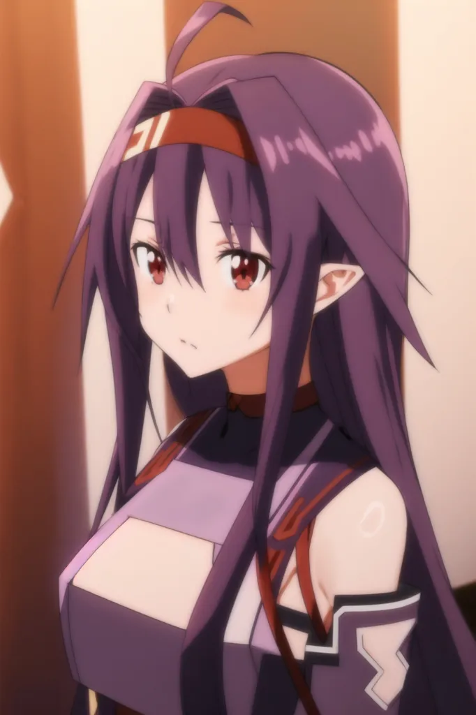 The image shows a young woman with purple hair and red eyes. She is wearing a purple outfit with a white collar. She has a headband on her forehead and there are two small horns protruding from her head. She is looking to the right of the frame with a slightly confused expression on her face.