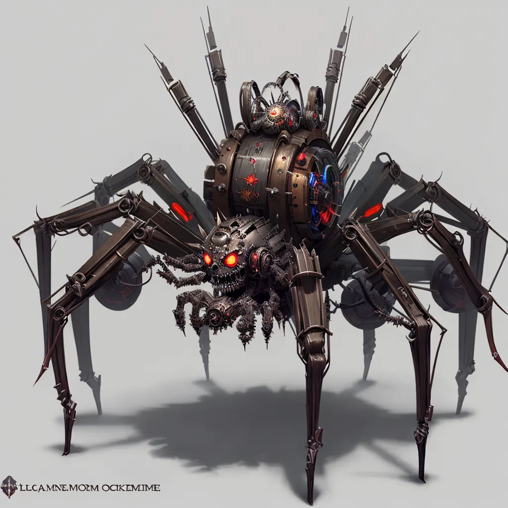 La imagen es una araña steampunk con ojos rojos brillantes. Tiene ocho patas y un cuerpo grande y redondo. El cuerpo está hecho de metal y tiene una variedad de engranajes y otras partes mecánicas adheridas a él. La araña también está cubierta de púas afiladas.