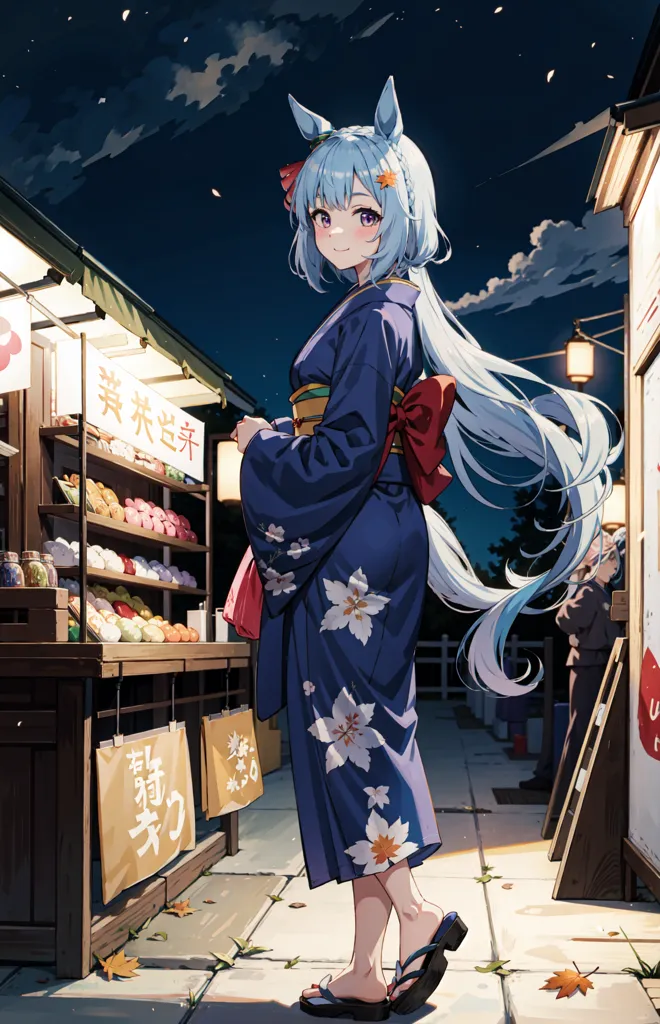 L'image représente une belle jeune fille d'anime aux longs cheveux bleus et aux oreilles de renard. Elle porte un kimono bleu avec des fleurs blanches et roses et un ruban rouge à la taille. Elle se tient dans une rue japonaise traditionnelle avec des lanternes en papier et un stand de nourriture en arrière-plan. La jeune fille sourit et a une expression douce sur le visage. L'image est dessinée dans un style réaliste et les couleurs sont vives et éclatantes.