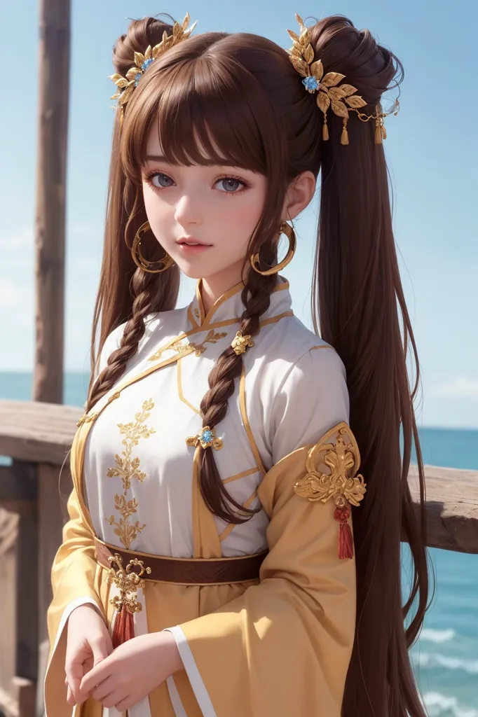 The image shows a young woman with long brown hair and blue eyes. She is wearing a white and gold hanfu with a brown belt and gold earrings. Her hair is styled in two buns with gold and blue hair accessories and she has a gentle smile on her face. She is standing on a wooden railing with the ocean in the background.