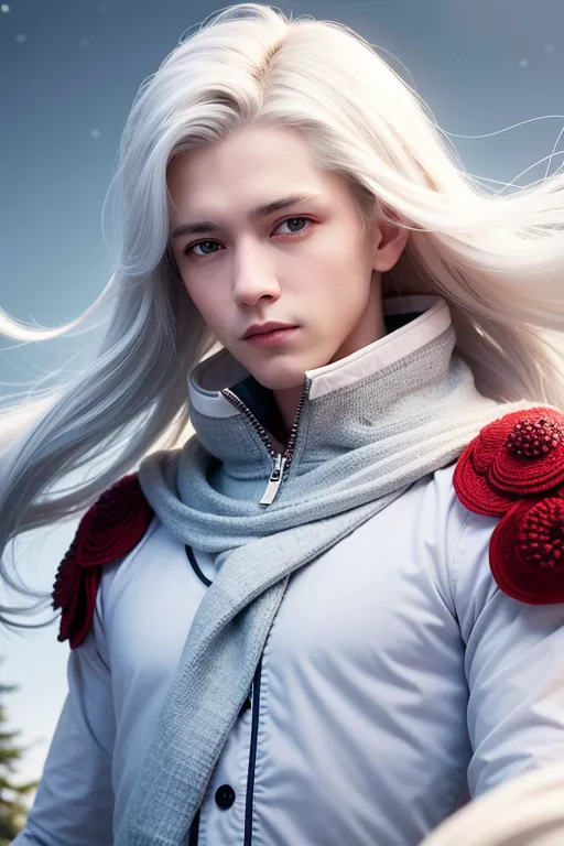 The image shows a young man with long white hair and blue eyes. He is wearing a white jacket with a light grey scarf and red epaulettes. The background is a snowy landscape with mountains in the distance. The man's expression is serious and thoughtful. He seems to be lost in thought, contemplating something important.