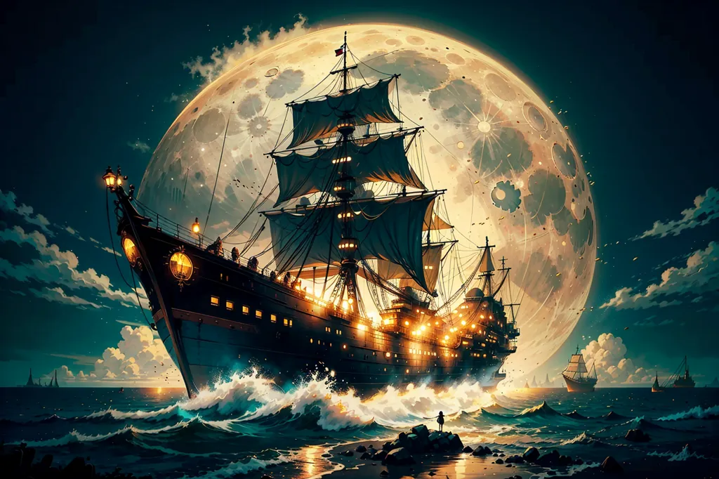 The image is a painting of a pirate ship at night. The ship is black with a white flag. The ship is in the middle of a storm. The waves are crashing against the ship. The moon is full and is in the background of the image. There are two other ships in the distance. There is a figure standing on the shore.