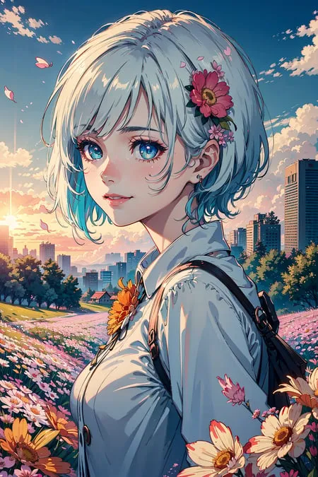 This is an image of an anime-style girl with short white hair and blue eyes. She is standing in a field of flowers, and there is a city in the background. The girl is wearing a white shirt and a blue skirt, and she has a pink flower in her hair. She is smiling and looks happy. The image is drawn in a realistic style, and the colors are vibrant and bright.