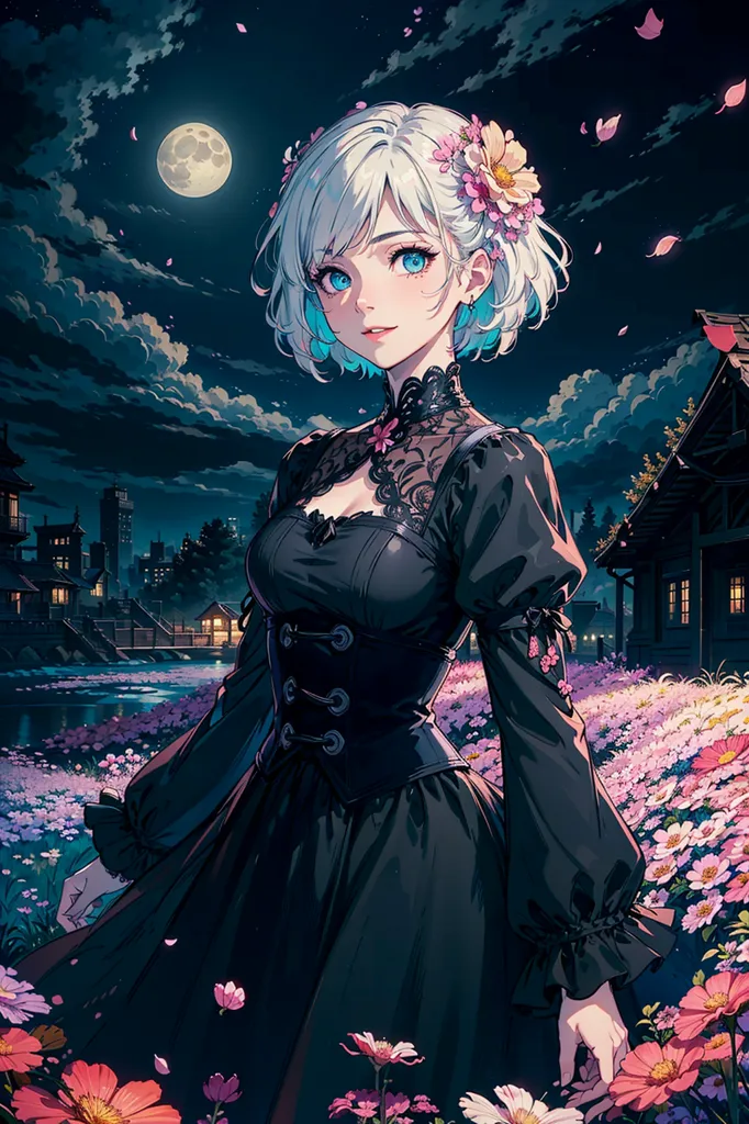 This is an image of a beautiful anime girl with white hair and blue eyes. She is wearing a black dress with a white collar and a pink bow in her hair. She is standing in a field of flowers with a full moon in the background. The image is drawn in a realistic style and the colors are vibrant and bright. The girl's expression is soft and serene.