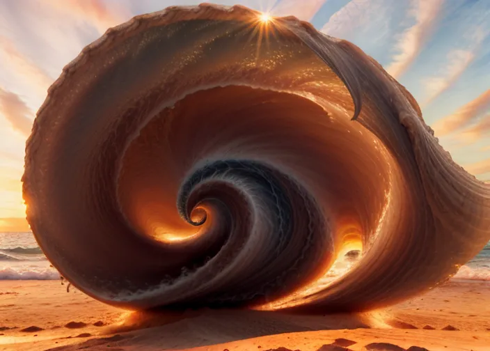 The image shows a large seashell on the beach. The shell is shaped like a spiral, and the inside of the shell is filled with water. A wave is crashing over the shell, and the sun is setting in the background. The sky is a gradient of orange and yellow, and the water is a deep blue. The sand on the beach is a light tan color. The image is very peaceful and relaxing.