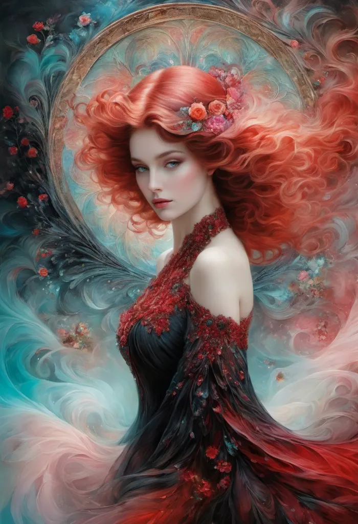 This image shows a woman with long, flowing red hair. She is wearing a black dress with red and pink floral details. There are also red and pink flowers in her hair. The background is a light blue color with a white circle in the middle. The woman is looking at the viewer with a serious expression.