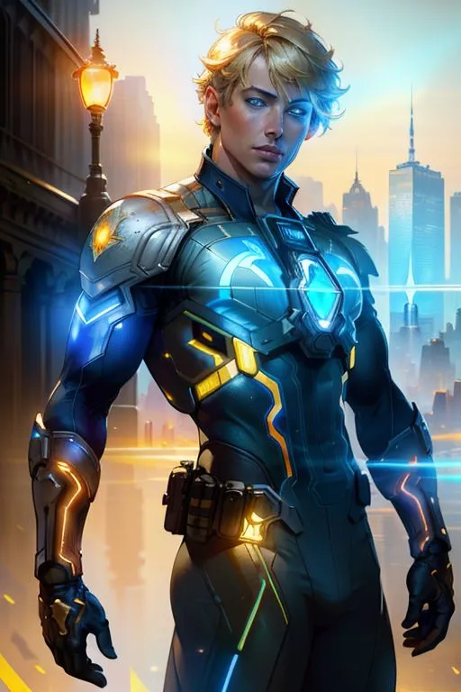 The image shows a young superhero with blond hair and blue eyes. He is wearing a blue and yellow suit with a white cape. The suit has a glowing yellow circle on the chest. The superhero is standing in a city with tall buildings in the background. There is a street lamp next to him. The superhero is looking at the camera with a determined expression.