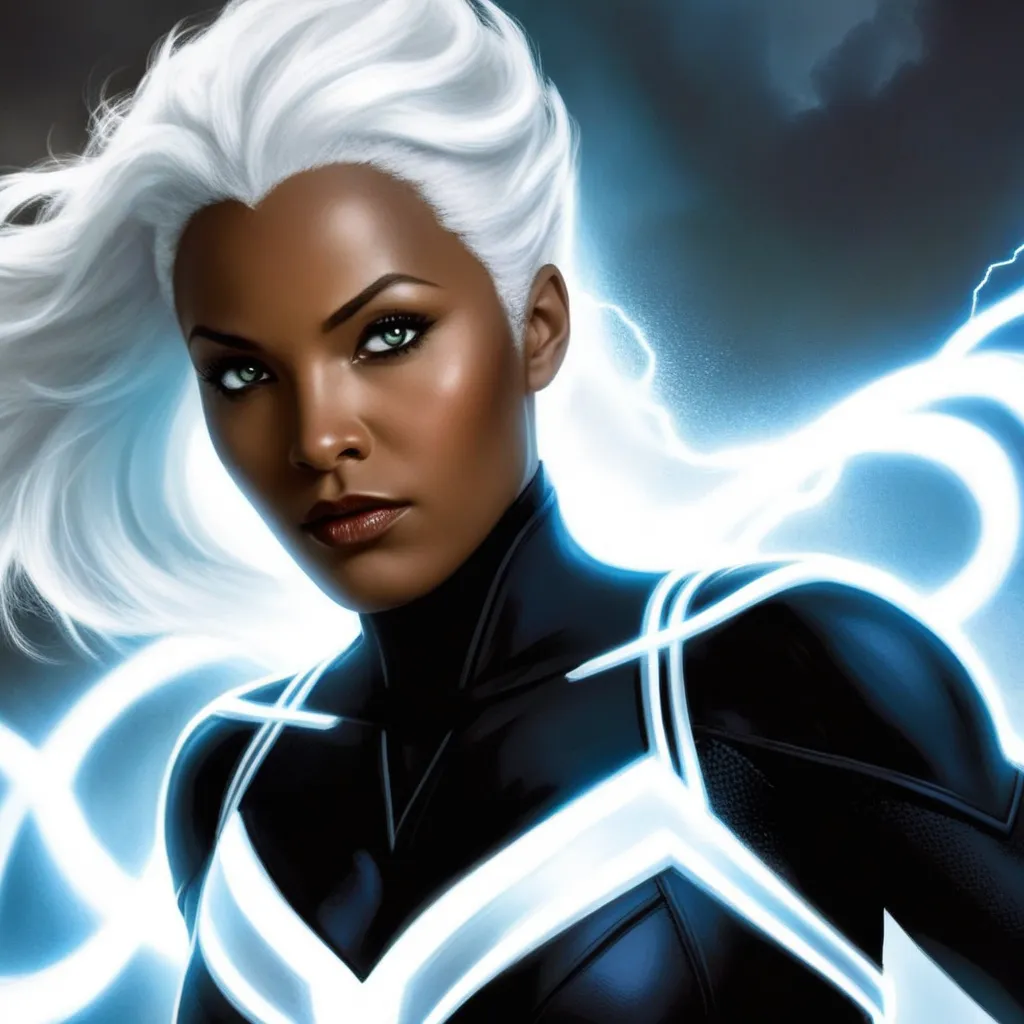 This is a picture of Storm, a Marvel Comics superhero. She is a mutant with the ability to control the weather. In this picture, she is wearing a black and white superhero outfit and has a serious expression on her face.