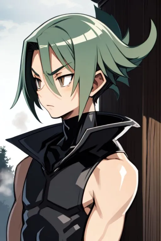 This is an image of a young man with green hair and brown eyes. He is wearing a black vest and has a determined expression on his face. He appears to be in an anime or video game setting.