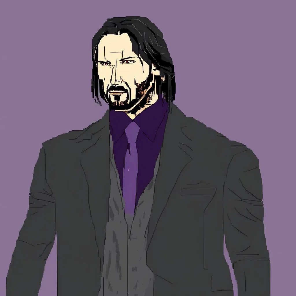 This is a pixelated image of Keanu Reeves from the movie John Wick. He is wearing a dark suit and tie. His hair is long and dark. He has a beard and a mustache. He is looking at the viewer with a serious expression. The background is purple.