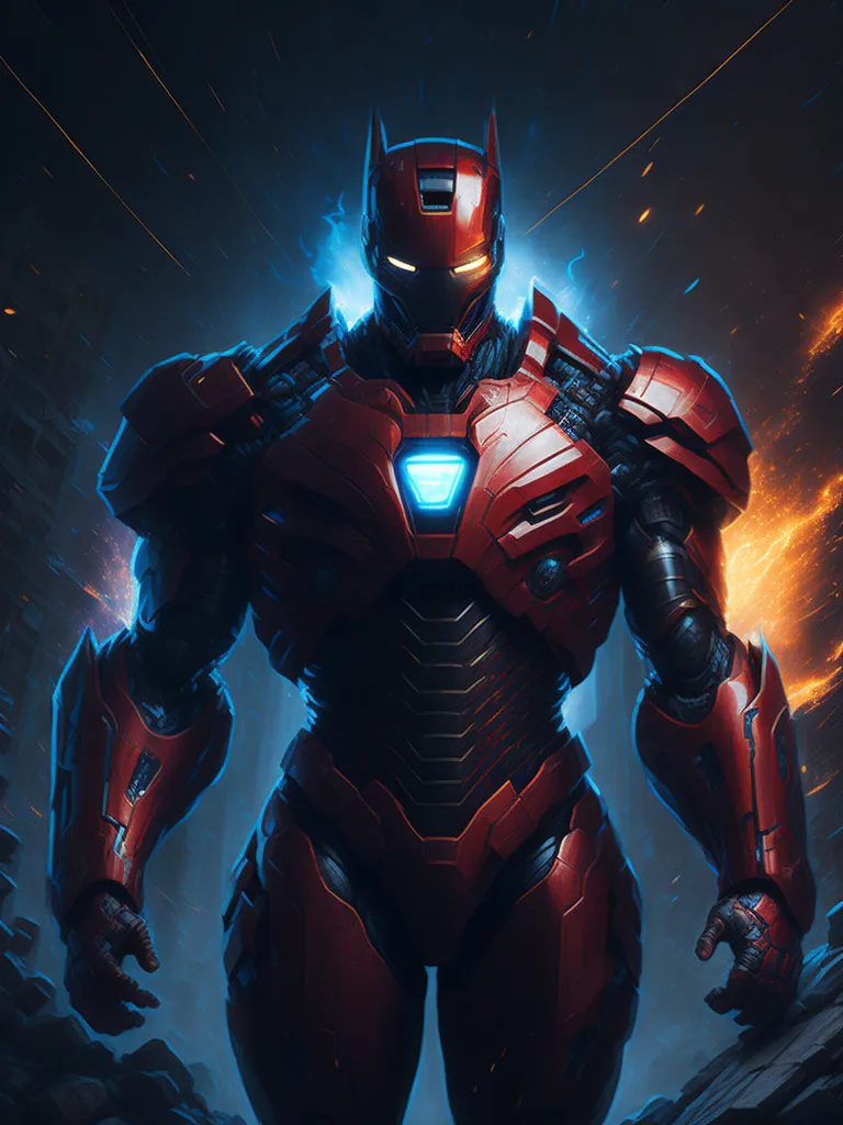 The image shows a superhero wearing a red and blue suit of armor. The character is standing in a heroic pose, with one hand on his hip and the other clenched in a fist. The background is a dark, fiery orange color, with sparks flying everywhere. The character's eyes are glowing white, and he has a determined expression on his face.