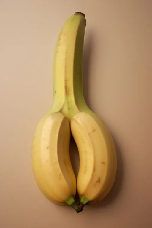 The image shows two bananas that are conjoined at the middle. The bananas are both yellow and have brown spots. The bananas are sitting on a beige background.