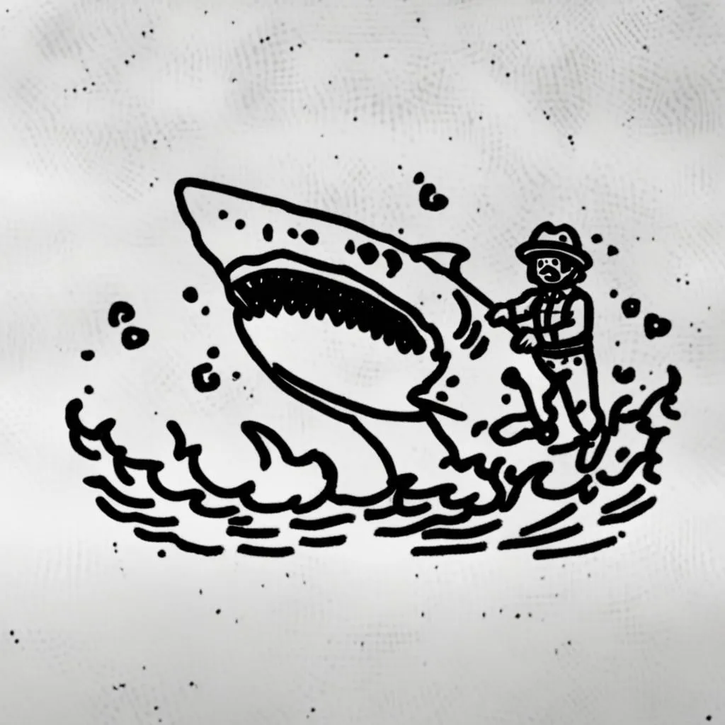 A man in a pith helmet is riding a shark. The shark has its mouth wide open and is showing its sharp teeth. The man is holding onto the shark's fin with one hand and has the other raised in the air. The shark is surrou