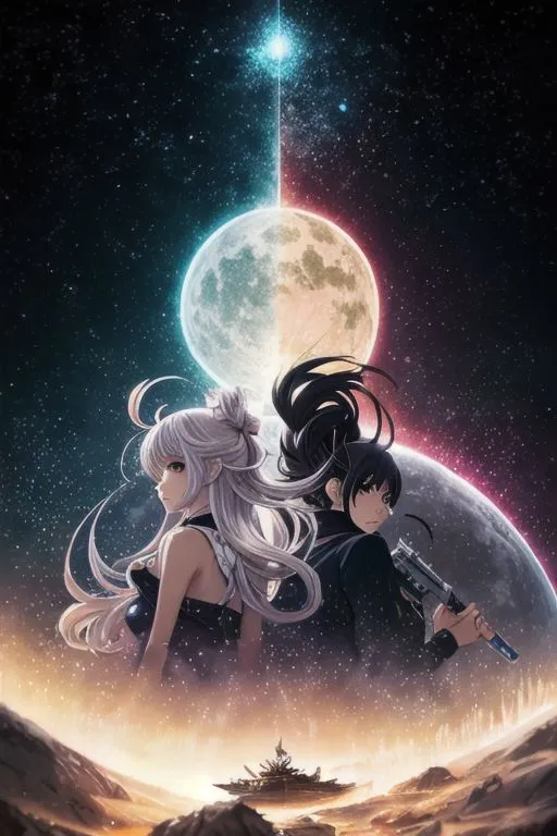 The image is of two anime girls standing back-to-back in front of a large moon. The girl on the left has long white hair and is wearing a black dress, while the girl on the right has short black hair and is wearing a black suit. Both girls are armed with guns. In the background, there is a large spaceship.