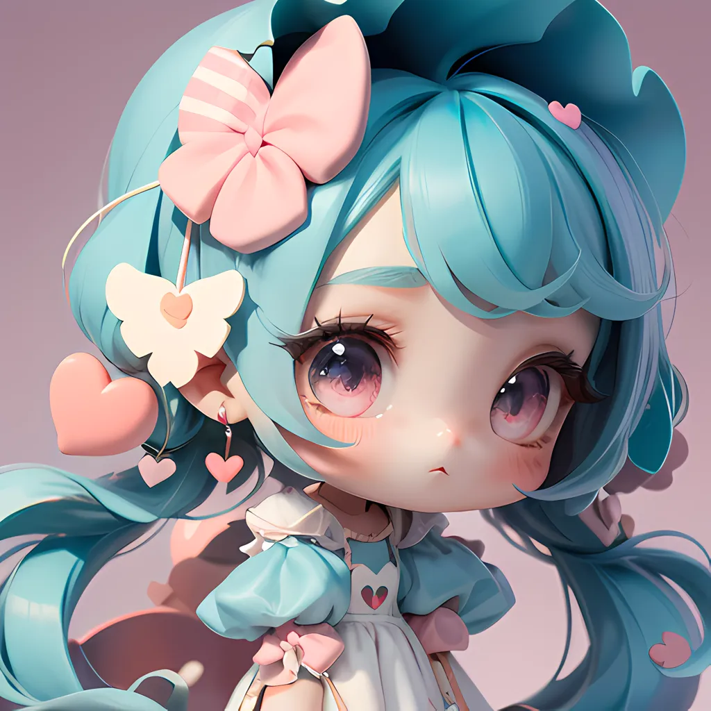 The image shows a cute anime girl with blue hair and pink eyes. She is wearing a white dress with a pink bow in her hair. She has a shy expression on her face and is looking at the viewer with a slight blush on her cheeks.