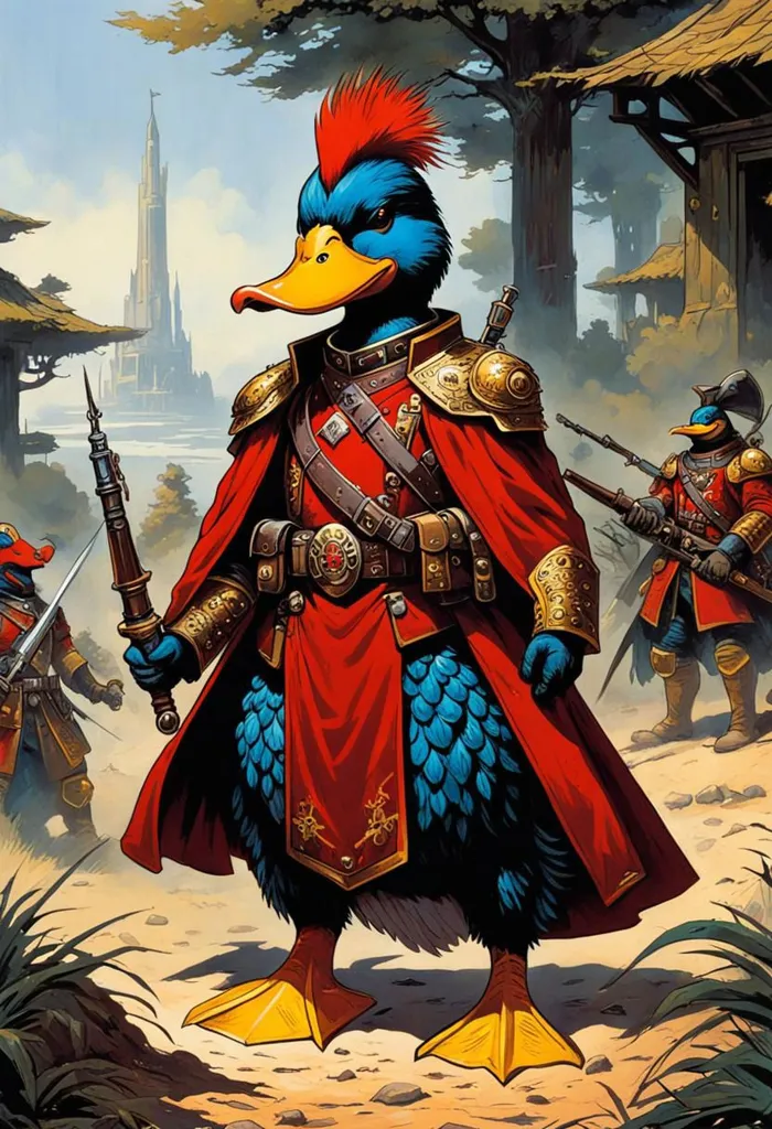 This image shows a duck wearing a red military coat adorned with gold epaulettes and various medals. The duck is also wearing a feathered hat and boots. It is carrying a gun and standing in a forest with other ducks dressed similarly. In the background, there is a castle.