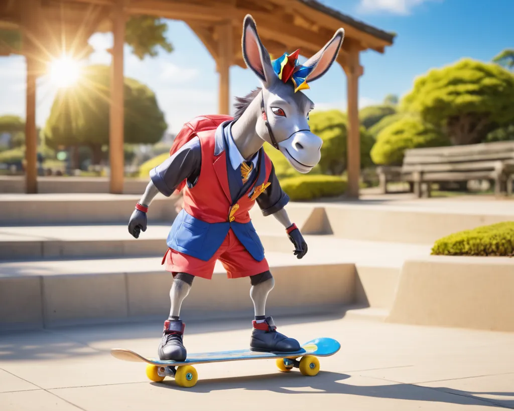 A cartoon donkey rides a skateboard. It wears a red vest, blue pants, and a tie. It has a backpack on its back and a helmet on its head. The donkey is in a skate park surrounded by trees and a blue sky.