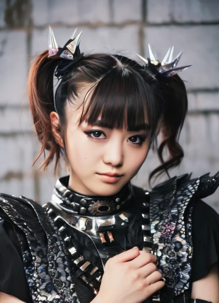 This image shows a young Japanese woman with long brown hair and bangs. She is wearing a black and silver outfit with a metal collar and has her hair in two ponytails. She has a serious expression on her face and is looking at the camera. The background is a grey brick wall.