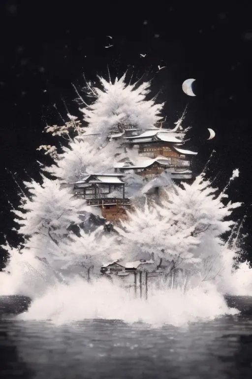 The image is a beautiful winter landscape. A traditional Chinese-style house is perched on top of a snow-covered mountain. The house is surrounded by snow-covered trees. The sky is dark, and there are two moons in the sky. The scene is peaceful and serene.