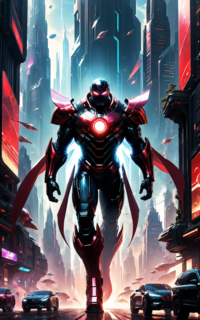 The image shows a superhero wearing a red and silver suit of armor. He is standing in a futuristic city, with tall buildings and flying cars. The superhero is looking at the viewer with a determined expression. He is ready to fight for justice, and he will not back down from any challenge.