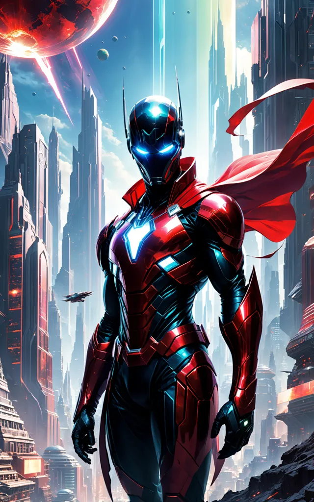 The image shows a superhero wearing a red and blue suit of armor. The superhero is standing in a futuristic city with tall buildings and flying cars. There is a red planet in the sky. The superhero is looking at the viewer with a determined expression.