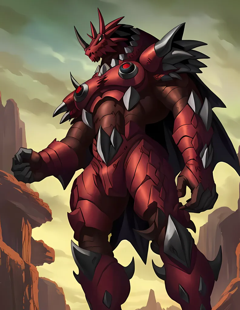 The image shows a tall, muscular, red creature with black and grey armor. It has a fierce face, sharp teeth, and a long tail. It is standing in a rocky canyon, with a large rock formation in the background. The creature is surrounded by a dark r