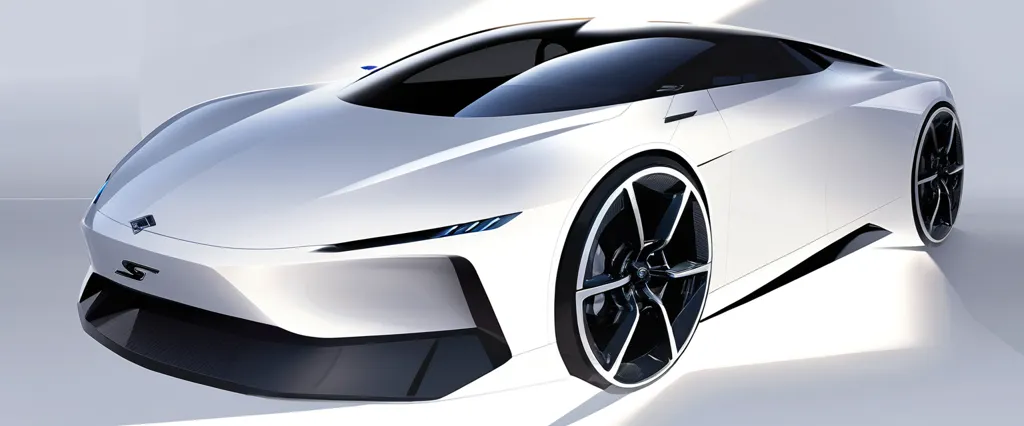 The image shows a white sports car with a sleek design. The car has a long hood and a short trunk, and it sits on large wheels. The car is also very low to the ground, which gives it a sporty look. The car is likely powered by an electric motor, as there is no visible exhaust pipe.