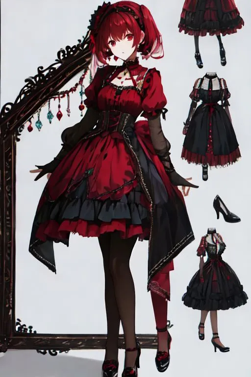 The image shows a girl with bright red hair and red eyes. She is wearing a red and black Gothic-style dress with a white blouse and black stockings. The dress has a corset-like bodice with a sweetheart neckline and a full skirt with a bustle. The hem of the skirt is trimmed with black lace. She is wearing black shoes with red bows and a black choker with a red gem in the center.