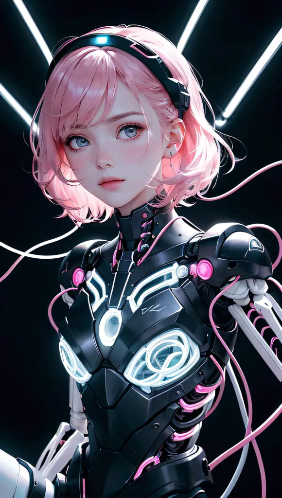 The picture shows a beautiful anime-style girl with pink hair. She is wearing a black and pink bodysuit with a lot of technological details. The girl's face is very detailed, with big blue eyes and a small nose. Her hair is short and pink, and she has a headband with a pink light on it. The girl is standing in a dark place, with only a few light sources illuminating her.