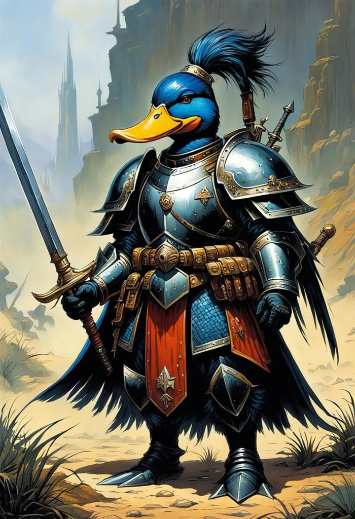 This image shows a duck wearing a suit of armor and wielding a sword. The duck is standing in a field of grass with a castle in the background. The duck is wearing a blue and yellow tunic and a silver breastplate. The duck's feet are covered in chainmail, and it is wearing a helmet with a duck-like beak. The duck is also wearing a red cape.