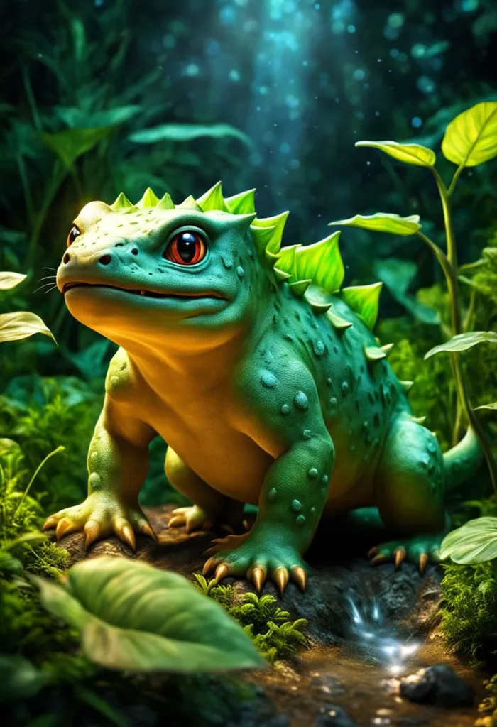 This image shows a small, green frog-like creature with red eyes. It is sitting in a lush, green forest with large green leaves and bright red mushrooms. The creature is looking at the viewer with its mouth slightly open. It has a light green belly and yellow-webbed feet. Its back is covered in sharp, green spikes.