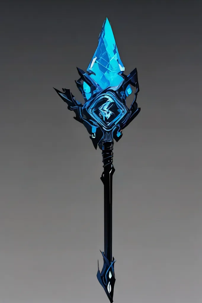 The image is of a magical staff. The staff has a long, black handle with a large, blue crystal at the top. The crystal is surrounded by four metal prongs. The staff is also decorated with several small, blue gems.