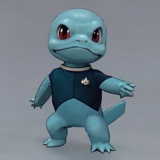 The image shows a 3D rendering of a blue and light blue Pokemon character. It is wearing a yellow and black uniform with a Star Trek insignia on the chest. The character has red eyes and a small smile on its face. It is standing on a grey surface with its left hand raised.