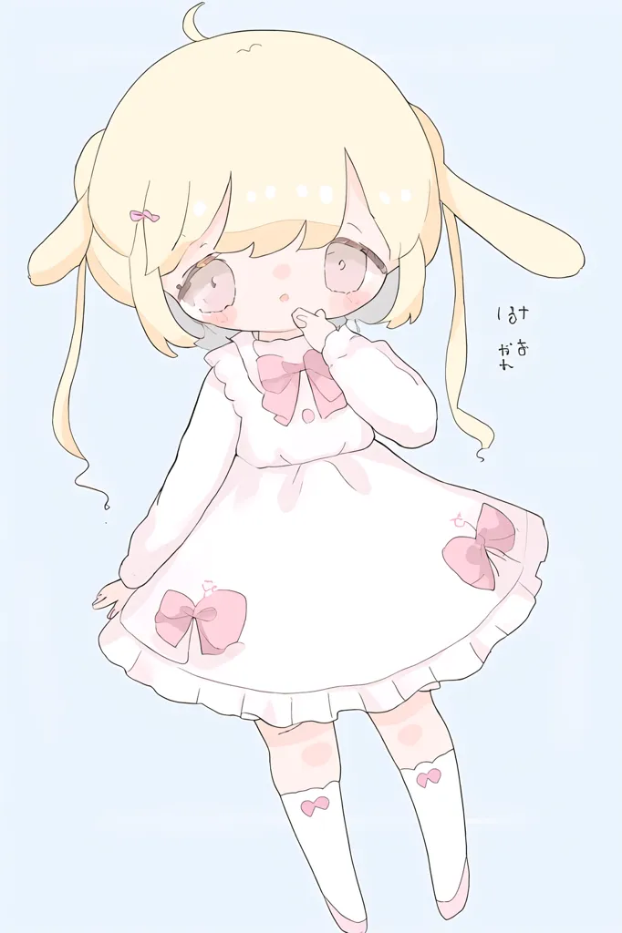 The image shows a cute anime girl with blonde hair and pink eyes. She is wearing a white dress with pink bows and has a shy expression on her face.