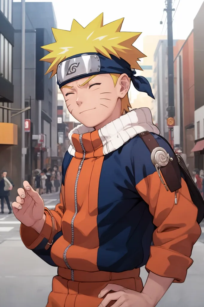 The image is of Naruto Uzumaki, a character from the anime series Naruto. He is a young ninja who is training to become the Hokage, the leader of his village. He is wearing his signature orange jacket and headband, and he has a kunai, a ninja weapon, strapped to his leg. He is standing in a street in his village, and he is smiling. The image is in a realistic style, and the colors are vibrant and bright.