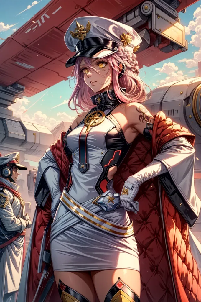 This is an image of a female anime character with pink hair and yellow eyes. She is wearing a white and red military uniform and a hat with a gold brim. She is standing in front of a large spaceship. There are two other people standing behind her. The background is a blue sky with clouds.