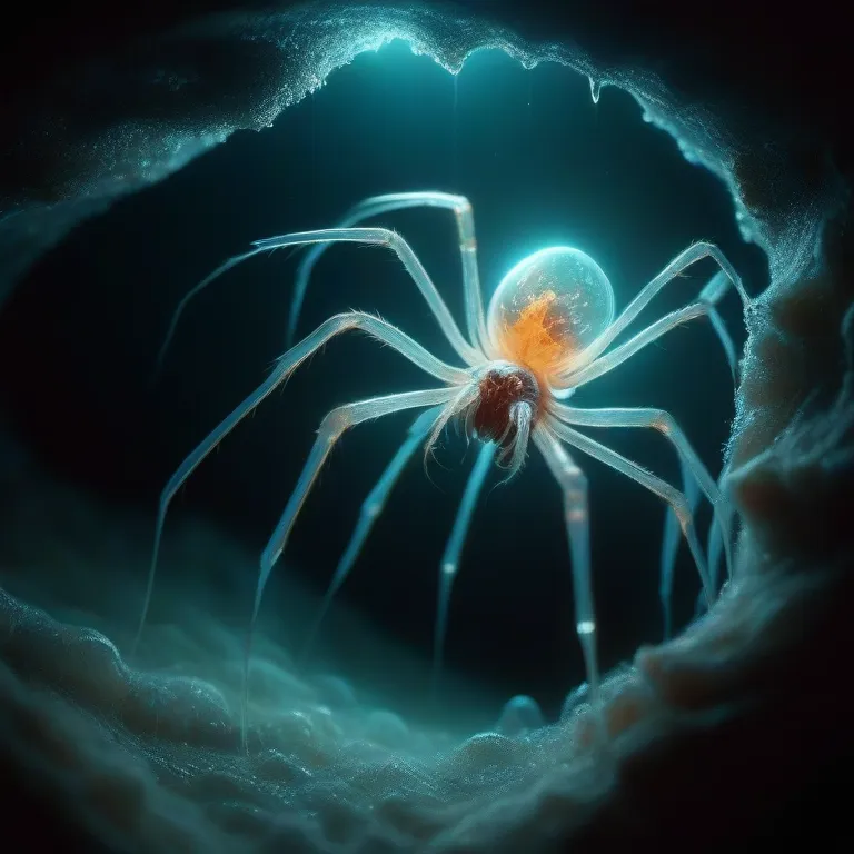 The image shows a spider in a cave. The spider is mostly transparent, with a bluish-white body and long, thin legs. The cave is dark, with a small amount of light coming in from the entrance. The spider is perched on a rock, and it is looking out at the viewer.