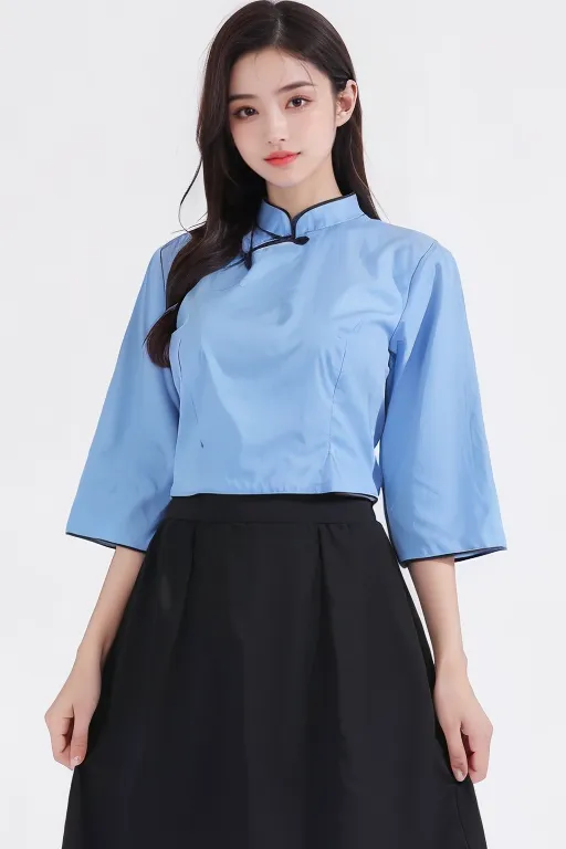 The image shows a young woman wearing a blue cheongsam. The cheongsam is a traditional Chinese dress that is typically worn by women. It is usually made of silk or cotton and is fitted to the body. The cheongsam has a high collar and a short hemline. The woman in the image is wearing a blue cheongsam with a white collar. She is also wearing a black skirt. The cheongsam is a versatile dress that can be worn for a variety of occasions. It can be dressed up or down, depending on the accessories that are worn with it.